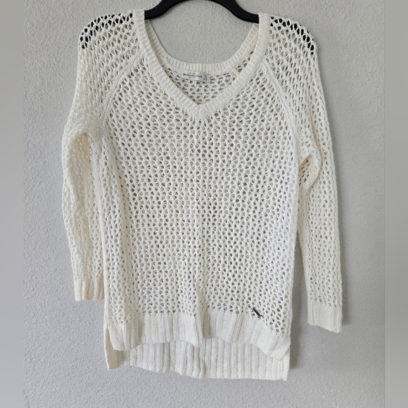 Abercrombie Fitch Sweater Womens XS White Open Knit Hi Low Oversized Excellent - Picture 3 of 10